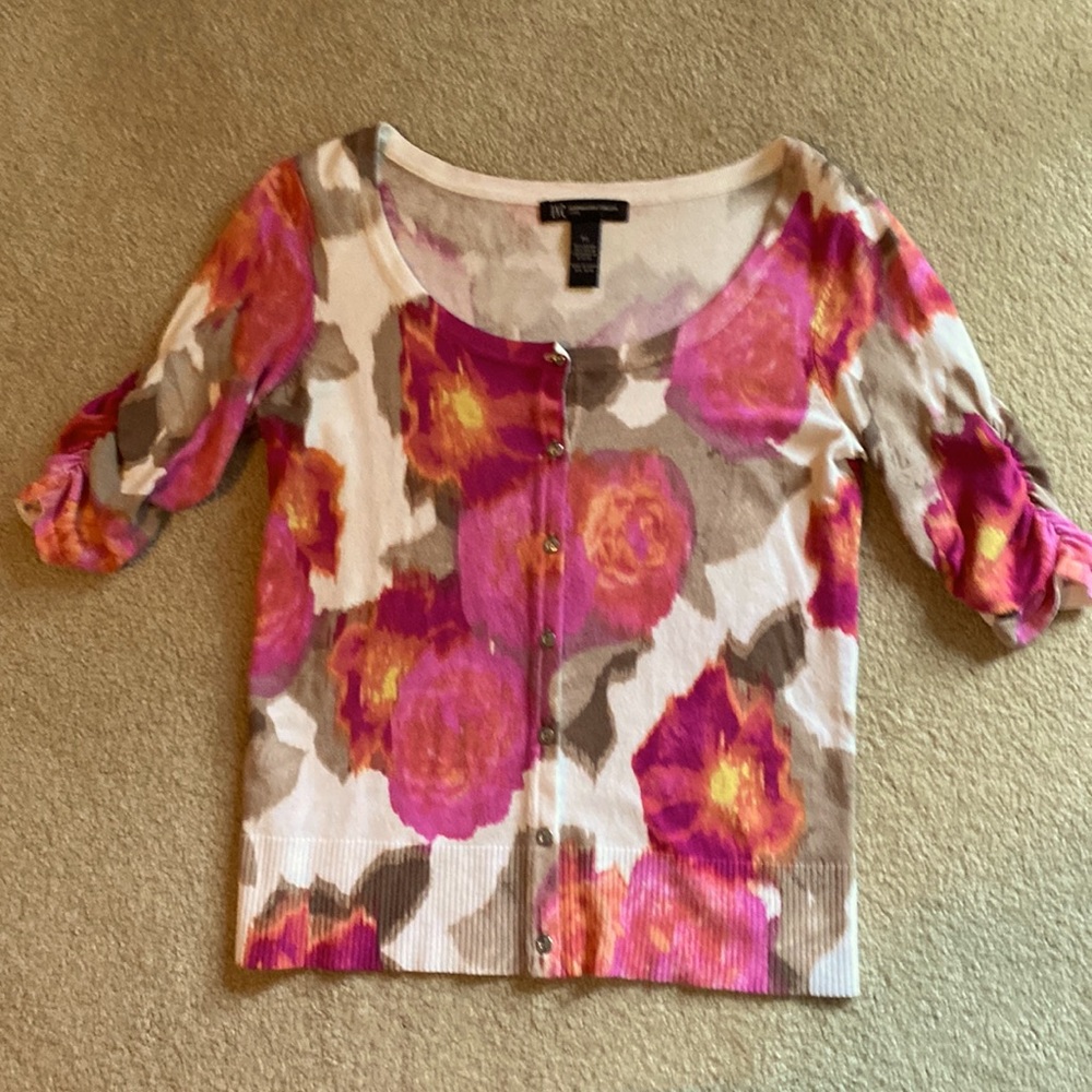 INC crop sweater sparkly buttons ruched elbow length sleeves feminine neckline